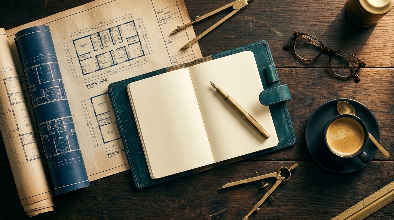 Planning desk — blueprints, notebook, and the working details behind the model