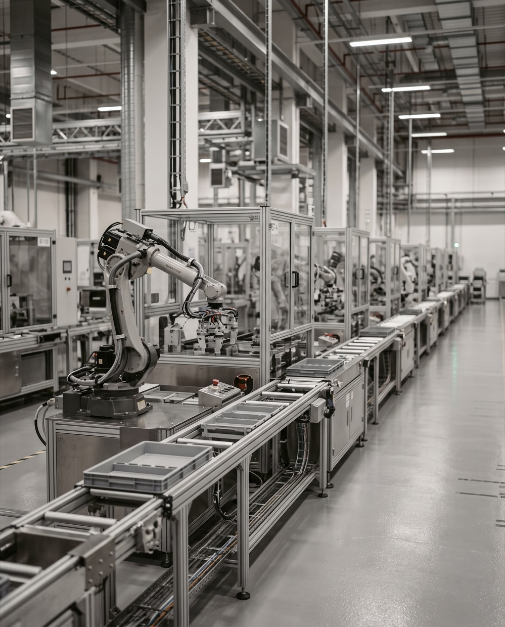 Staged wide shot of an immaculate, empty automated line — the deceptive 'looks fine' impression