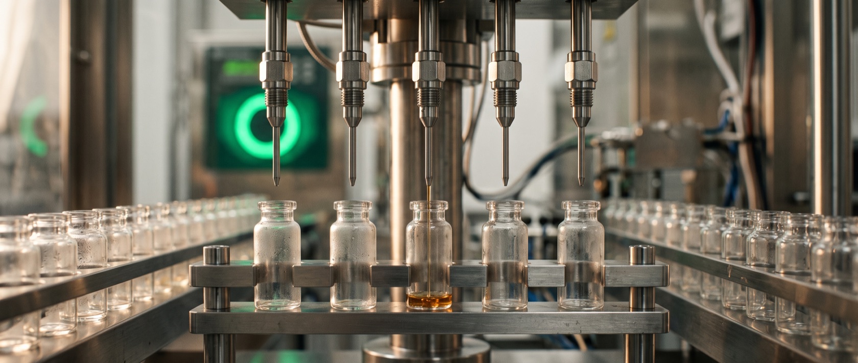 Cinematic macro of a high-precision pharmaceutical filling line: stainless nozzles, vials in register, emerald instrument glow — what 90×95×99 demands. Staged, AI-generated; not a real facility